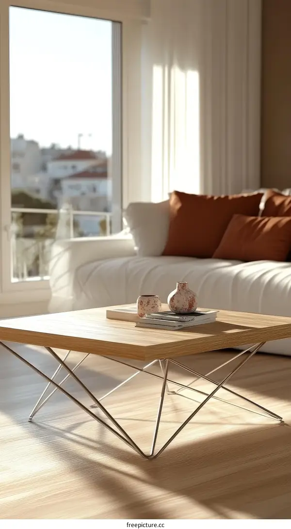 Modern Light Wood Coffee Table in a Cozy Living Room