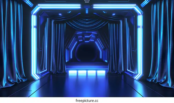 Futuristic Stage with Blue Neon Lights and Curtains