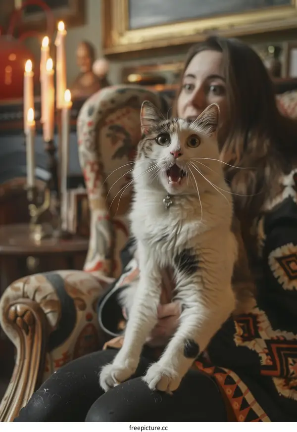 A white cat sitting on a woman's lap with candles in the background