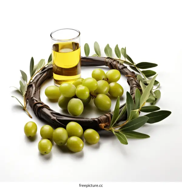 Olive Oil, Green Grapes, Glass, White Background
