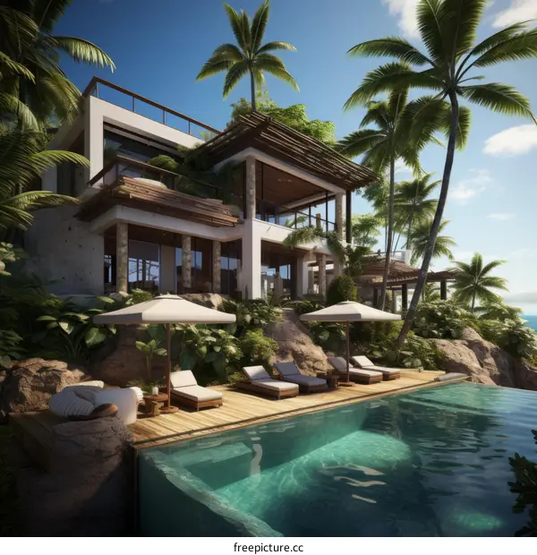 A stunning modern villa with a pool overlooking the ocean