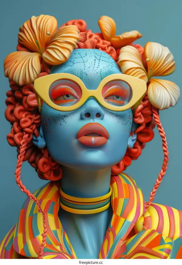 3D Illustration of a Blue-Skinned Woman with Vibrant Orange Hair