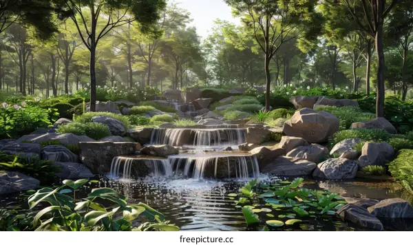 Waterfall in a lush green forest with rocks and plants