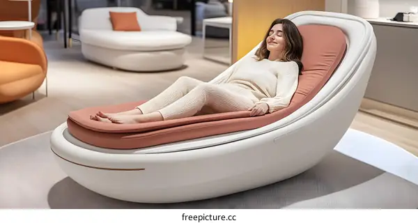 Woman Relaxing in Modern Lounge Chair in a Store
