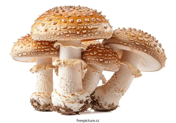 Four brown amanita mushrooms with white spots on their caps
