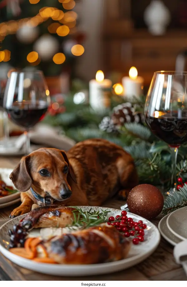 dachshund dog lying on table with christmas decorations and food