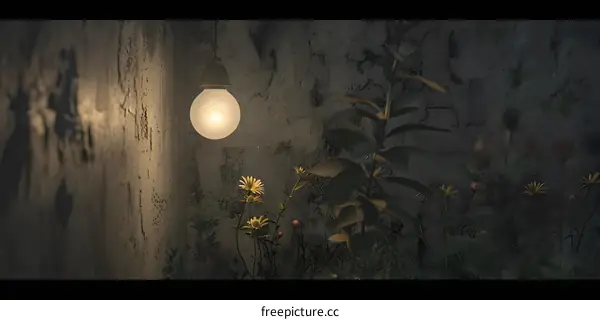 Glowing Light Bulb Hanging On A Wall With Flowers