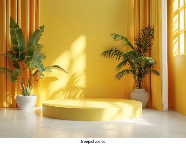 Sunny Yellow Room with Plants and Podium