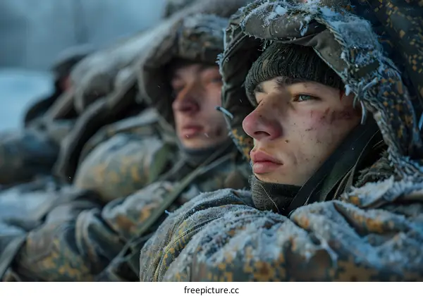 Two soldiers in winter camouflage huddle together for warmth during a break in their training exercise.