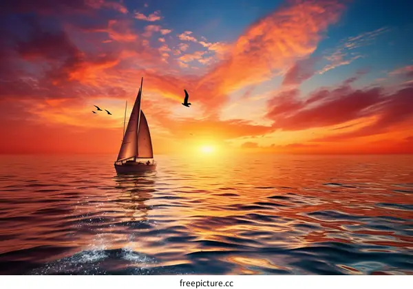 A sailboat on the ocean at sunset