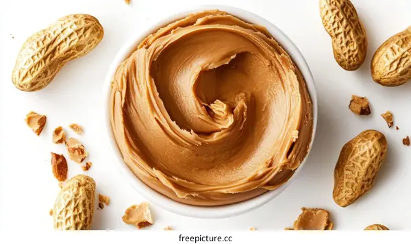 Close Up View of Creamy Peanut Butter in Bowl with Peanuts