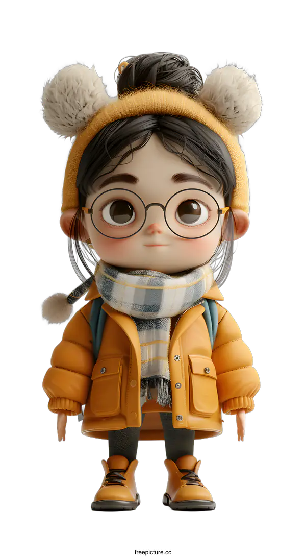 [Transparent Background PNG]3D rendering of a cute cartoon girl with big eyes and a yellow jacket