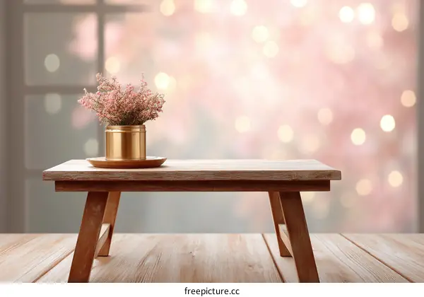Wooden Table with Pink Flowers Display