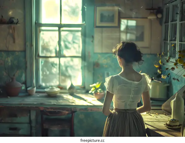 A woman standing in a kitchen looking out the window