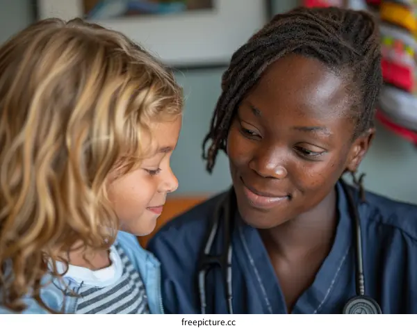 Black female doctor smiling at young white patient
