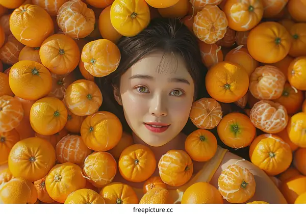 Close-up portrait of a young woman lying in a pile of oranges