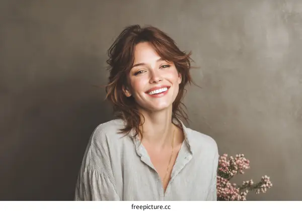 Smiling Woman in a Light Gray Shirt against a Neutral Background
