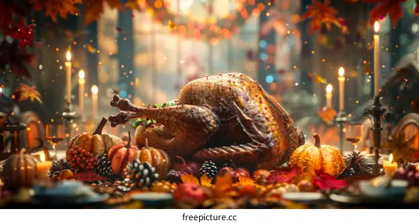 Thanksgiving Dinner Table Setting with Roasted Turkey and Pumpkins