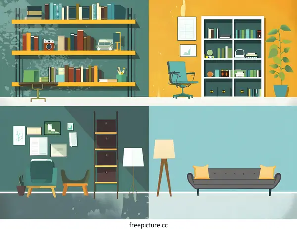 Modern Living Room Interior Design With Bookshelf And Sofa