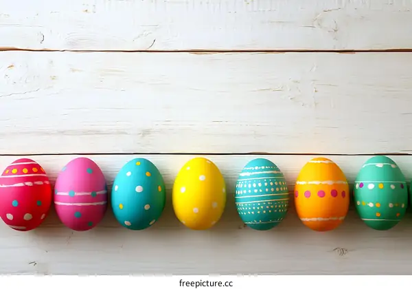 Colorful Easter Eggs on White Wooden Background