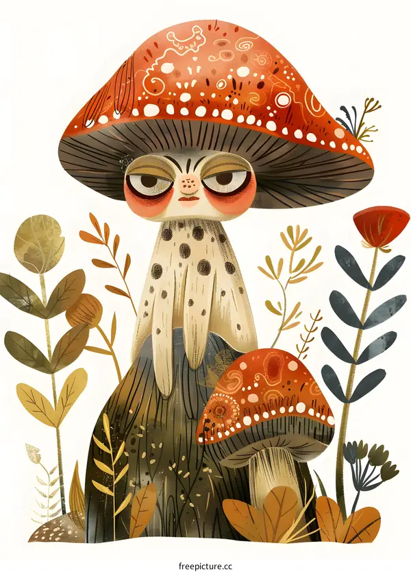 Autumn Illustration of a Mushroom with a Face