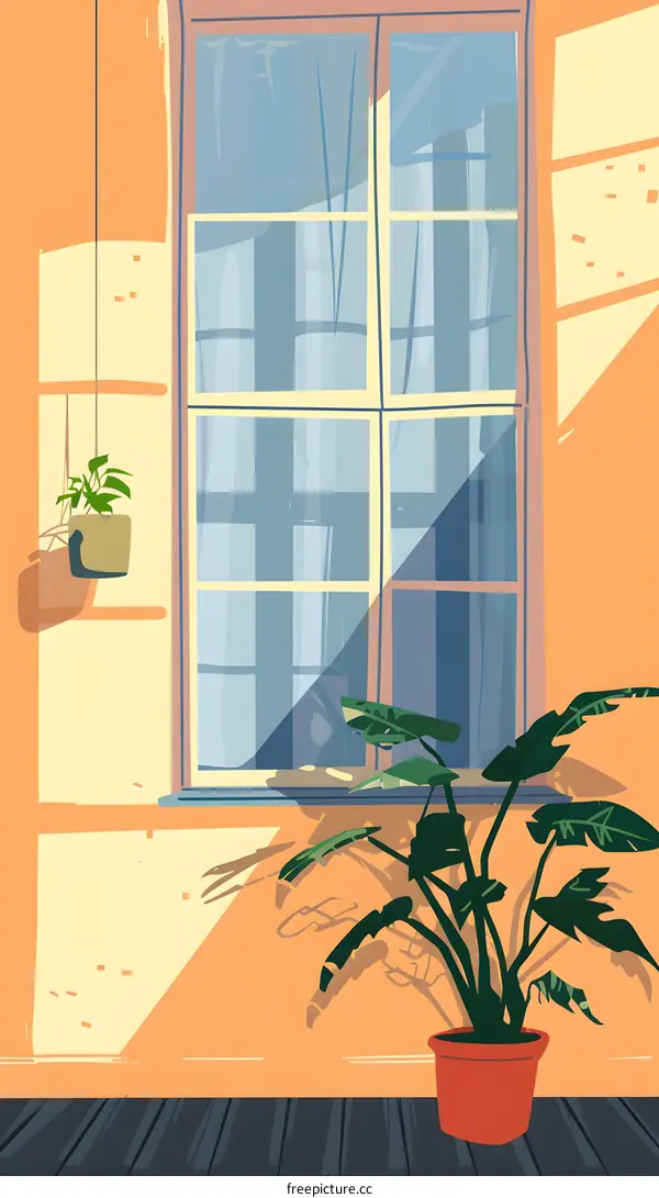 Window with Green Plant and Sunlight