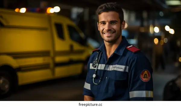 Portrait of a smiling young male paramedic in uniform standing in front of an ambulance
