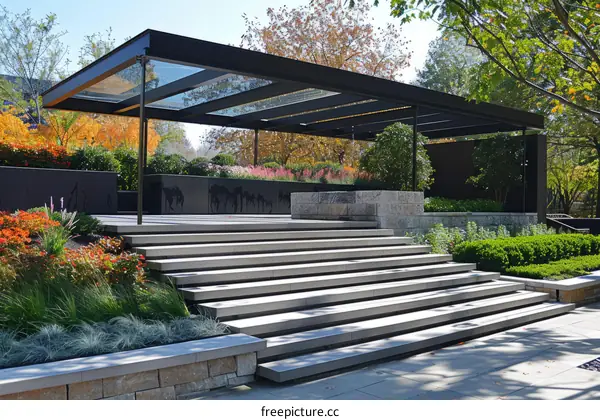 Stunning Backyard Landscape with Stone Steps, Pergola, and Modern Design