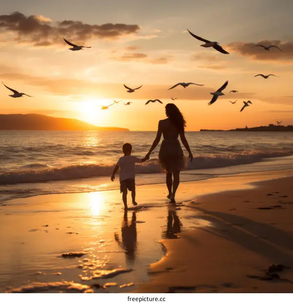 Mother and son walking on the beach at sunset