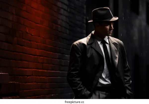 Man in a hat and coat standing in a dark alleyway