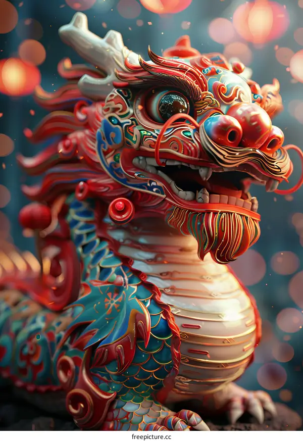 Red and Blue Chinese Dragon With White and Yellow Accents