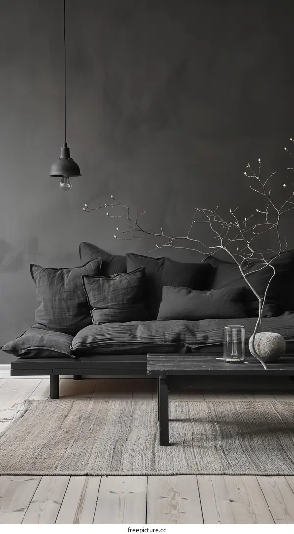 Black Minimalist Living Room with Sofa, Coffee Table & Plant