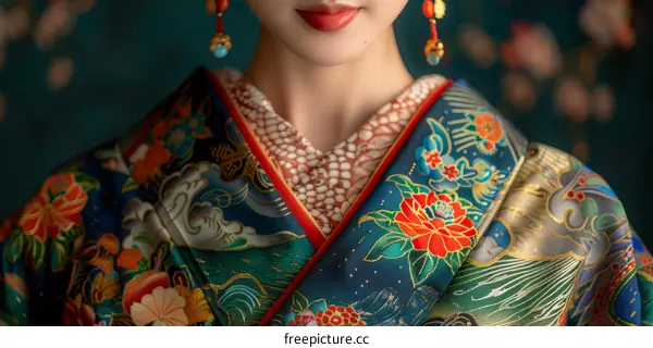 Close-up of a woman wearing a kimono with traditional Japanese patterns