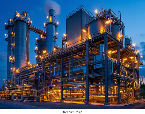 Oil and gas processing plant with flare stack and pipelines at dusk