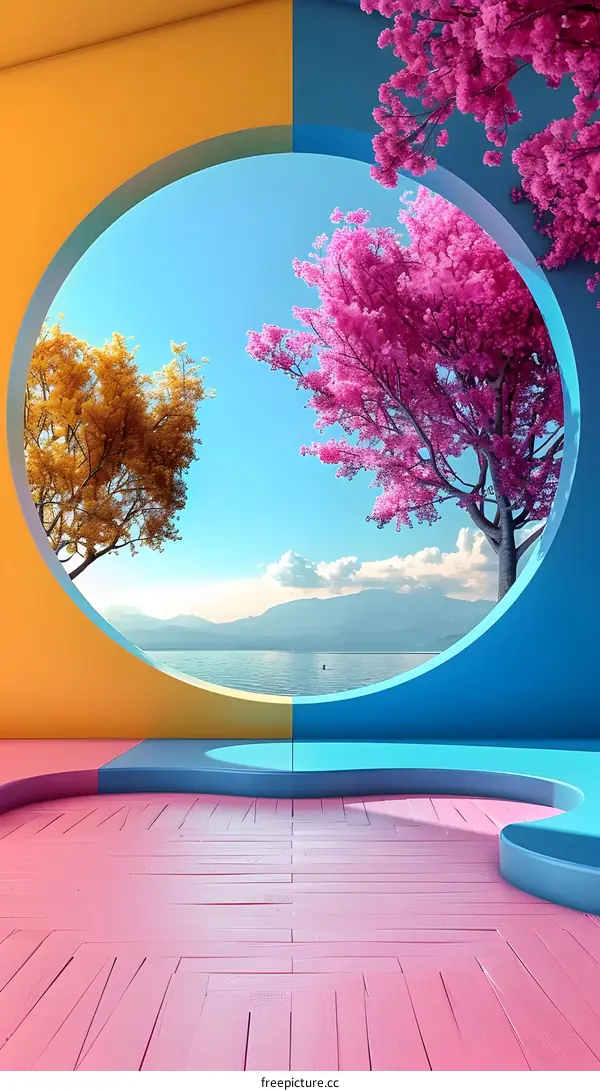 pink and yellow trees by the lake in a room