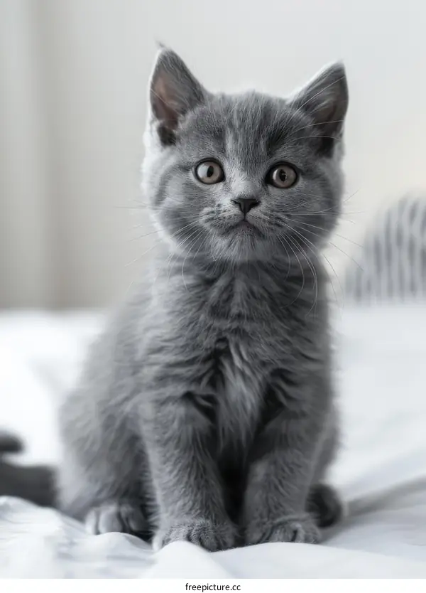 A cute gray kitten is sitting on a white cloth