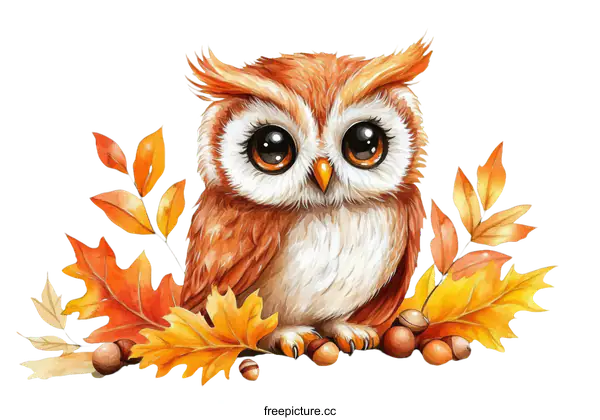 [Transparent Background PNG]Cute Little Owl with Autumn Leaves