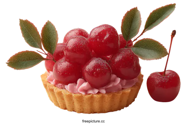 [Transparent Background PNG]Delicious Cherry Tart with Pink Cream