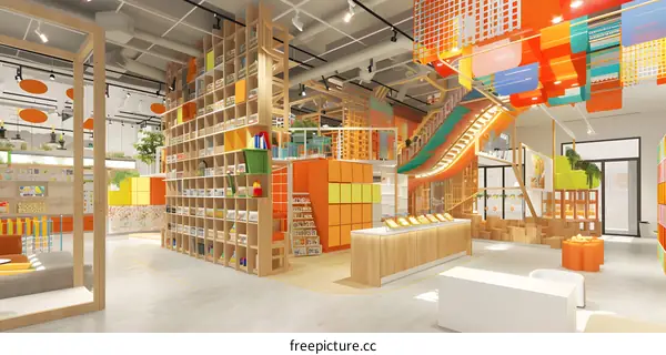Colorful Play Area with Wooden Shelving and Play Structure