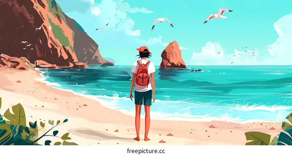 Man Standing On Beach Looking At Sea With Seagulls Flying Above