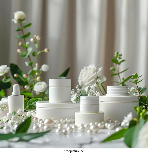 Elegant Skincare Products Presentation with Flowers and Pearls