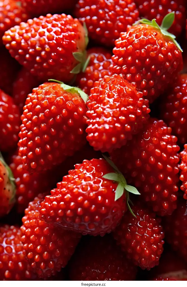 A close-up image of a bunch of ripe red strawberries