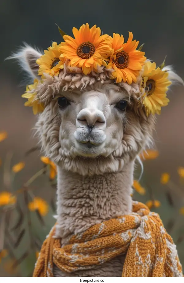fluffy white llama wearing a wreath of sunflowers around its neck