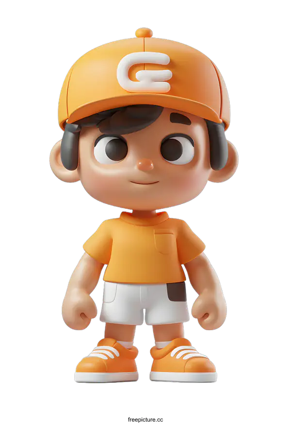 [Transparent Background PNG]3D rendering of a young boy wearing an orange cap and white shirt
