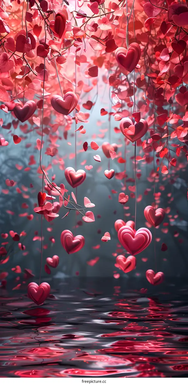 Pink hearts hanging from branches over water