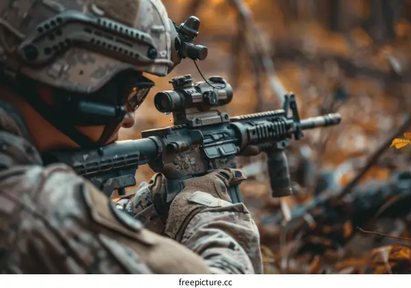 Soldier aiming assault rifle in forest