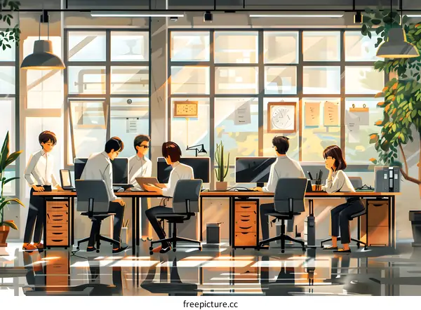 coworkers in a brightly lit office