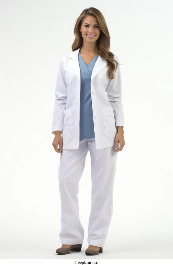A female doctor in a white lab coat and blue scrubs