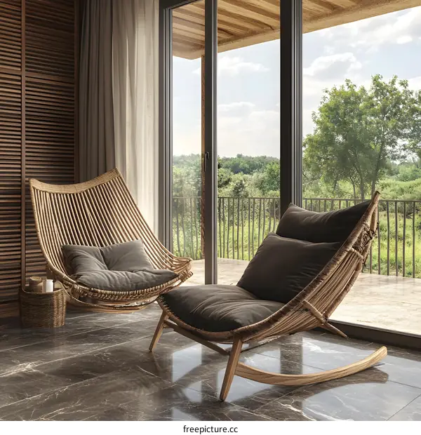 Modern Living Room Interior Design with Two Wicker Rocking Chairs and a View of Nature