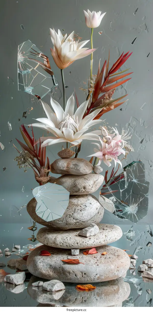 Tranquil Still Life: Flowers, Rocks, and Reflections